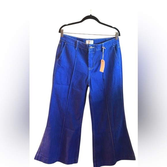 By Together Wide Leg Jeans Size Large Blue High Waisted Seam Detail Side Pockets - Picture 13 of 14